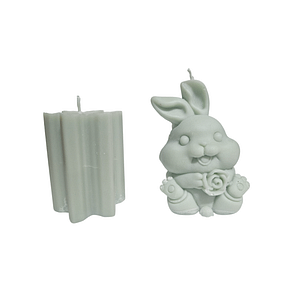 white-11000.2 1+1 Lumanare parfumata handmade, Iepuras cu floare + lumanare geometrica, ceara naturala, 8.5x5.5cm, verde